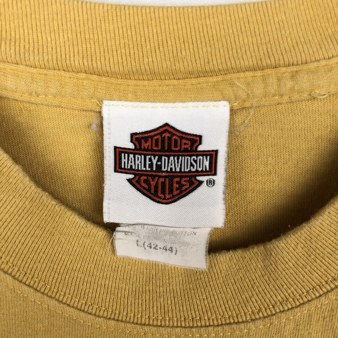 00'S Harley-Davidson Eagle Pattern Motorcycle Bike T-shirt Men's L size cotton yellow type Vintage Second Hand