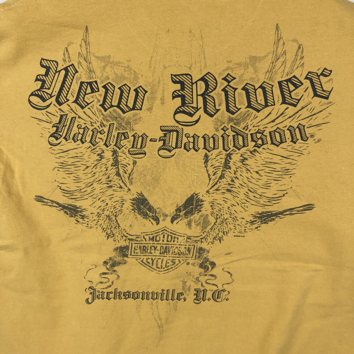 00'S Harley-Davidson Eagle Pattern Motorcycle Bike T-shirt Men's L size cotton yellow type Vintage Second Hand