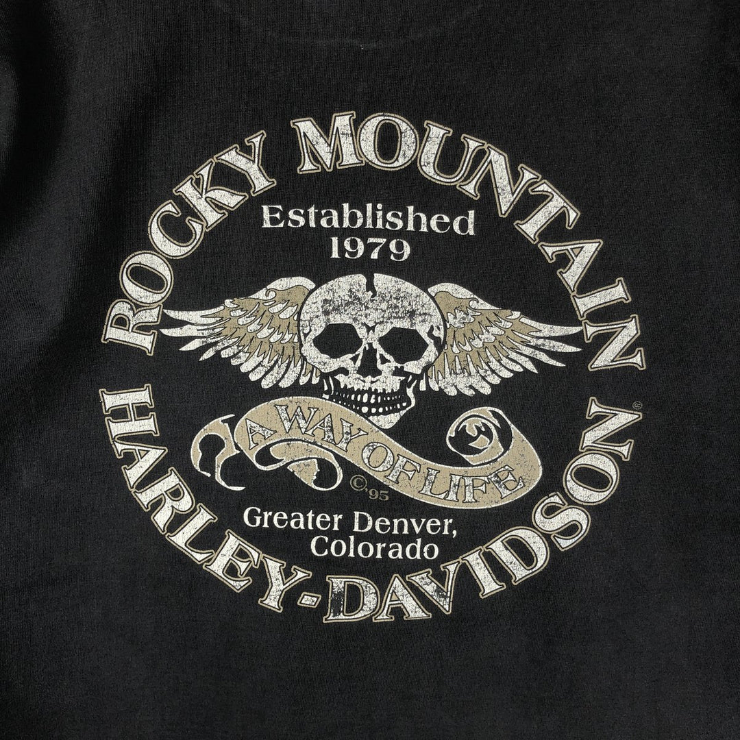90'S Harley-Davidson Skull Pattern Skull Wing Motorcycle T-Shirt, Made in USA, Men's XL equivalent. cotton black type Vintage Second Hand