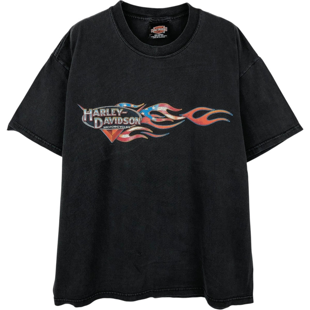 2000'S Harley-Davidson American flag and fire pattern motorcycle t-shirt, made in USA, men's size L equivalent. cotton black type Vintage Second Hand