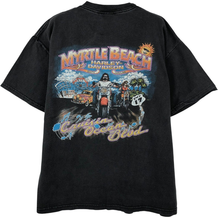 2000'S Harley-Davidson American flag and fire pattern motorcycle t-shirt, made in USA, men's size L equivalent. cotton black type Vintage Second Hand