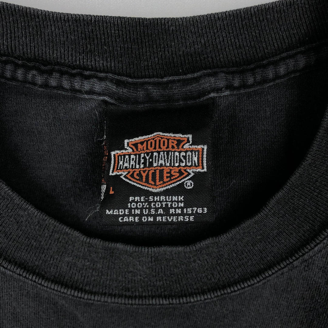 2000'S Harley-Davidson American flag and fire pattern motorcycle t-shirt, made in USA, men's size L equivalent. cotton black type Vintage Second Hand