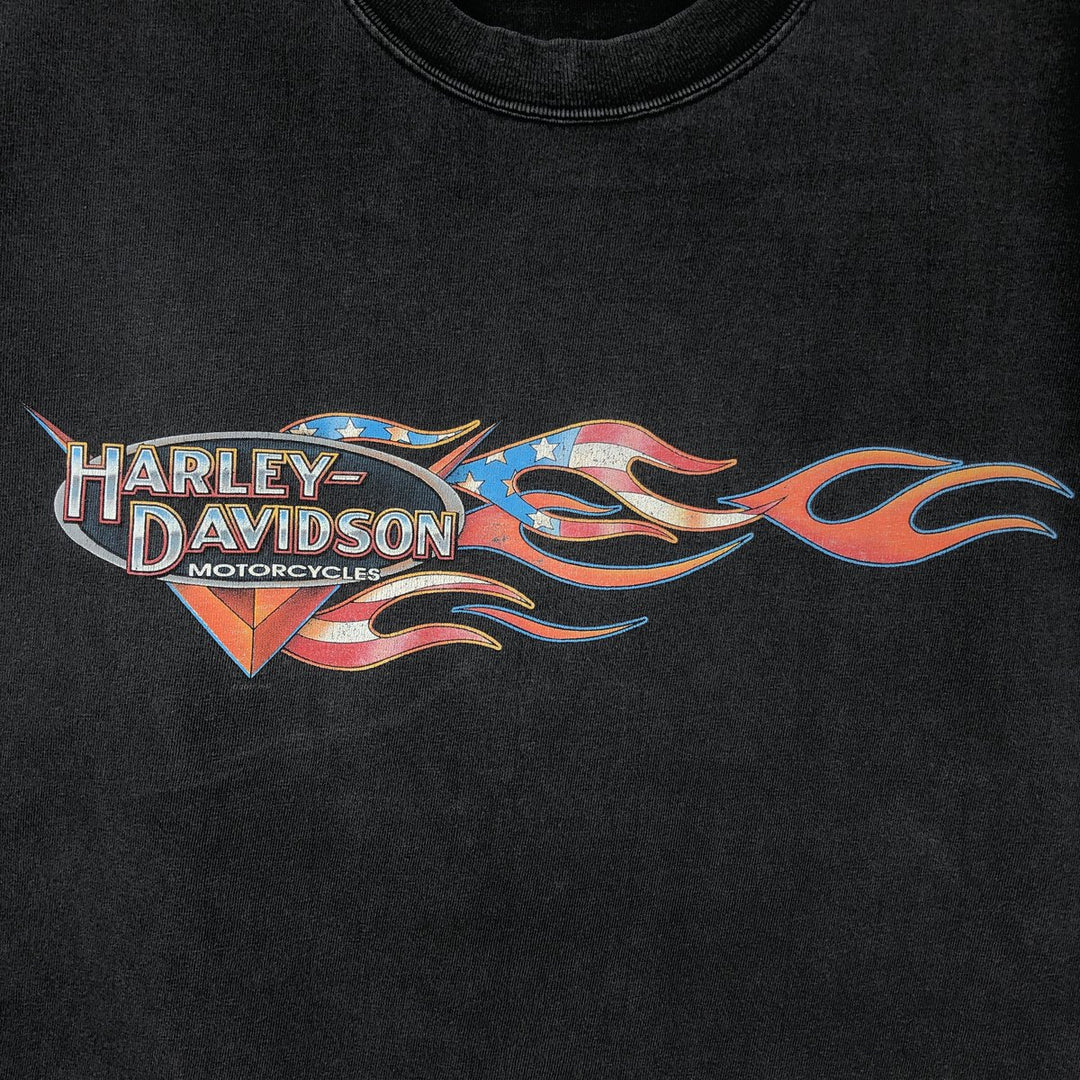 2000'S Harley-Davidson American flag and fire pattern motorcycle t-shirt, made in USA, men's size L equivalent. cotton black type Vintage Second Hand