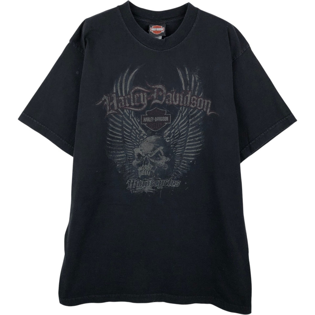 2000'S Harley-Davidson Skull Pattern with Skull Wings Motorcycle T-Shirt, Made in USA, Men's Size Large cotton black type Vintage Second Hand