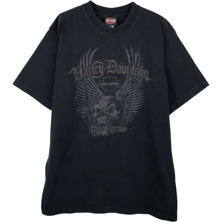 2000'S Harley-Davidson Skull Pattern with Skull Wings Motorcycle T-Shirt, Made in USA, Men's Size Large cotton black type Vintage Second Hand