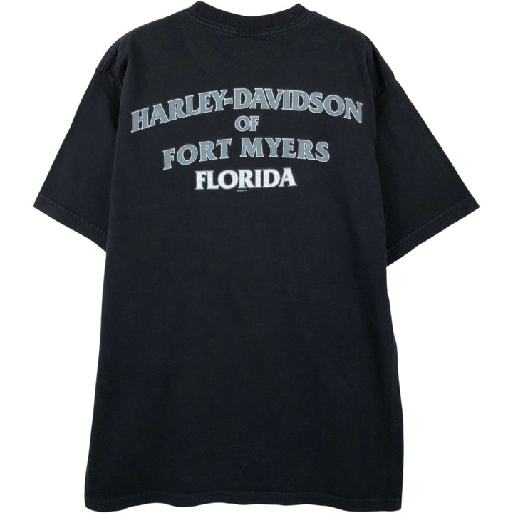2000'S Harley-Davidson Skull Pattern with Skull Wings Motorcycle T-Shirt, Made in USA, Men's Size Large cotton black type Vintage Second Hand