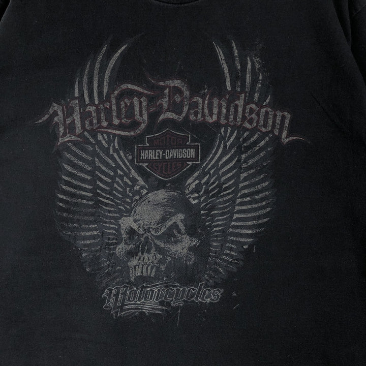 2000'S Harley-Davidson Skull Pattern with Skull Wings Motorcycle T-Shirt, Made in USA, Men's Size Large cotton black type Vintage Second Hand