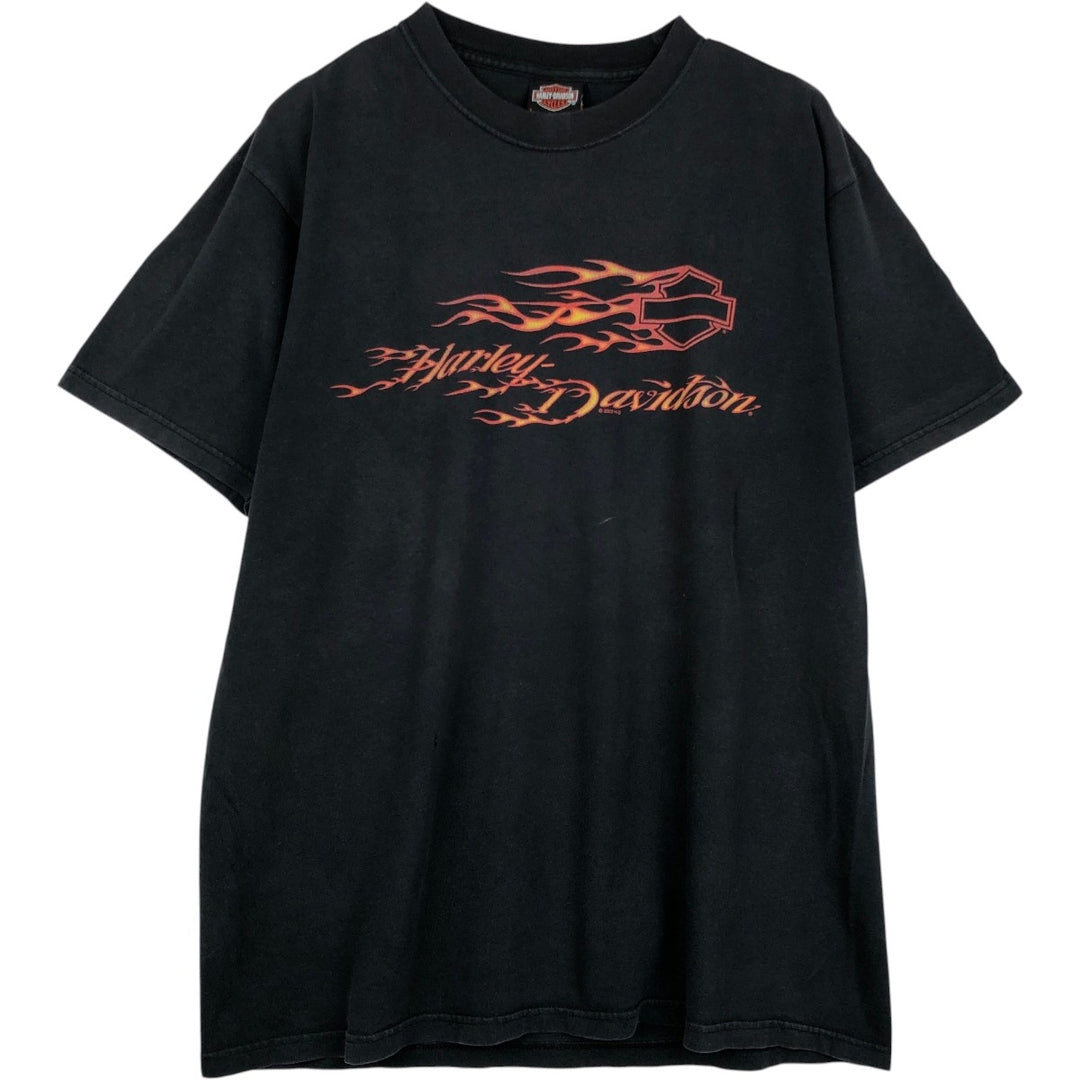 00'S Harley-Davidson Fire Pattern Motorcycle Bike T-Shirt Men's L size cotton black type Vintage Second Hand