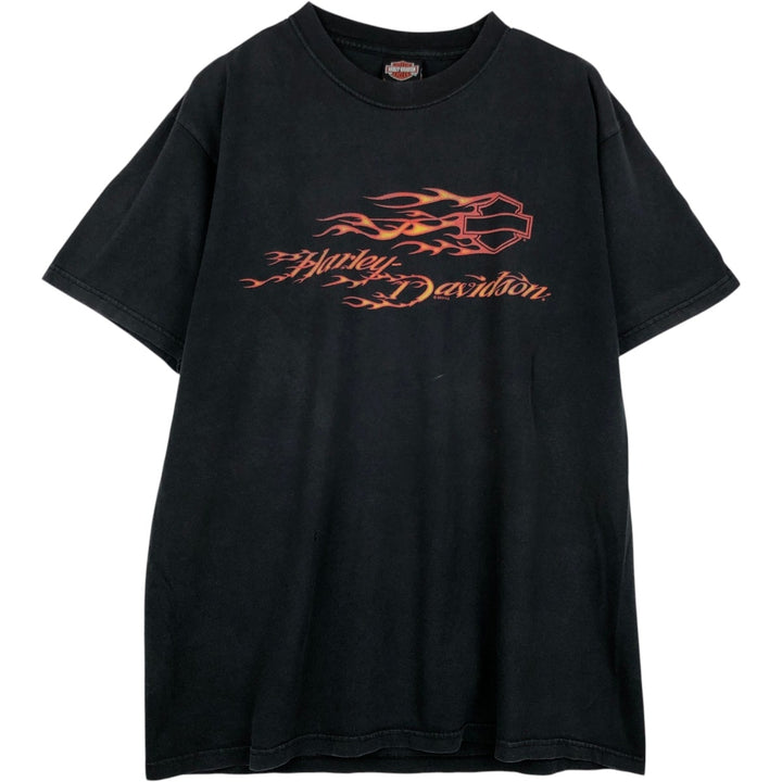 00'S Harley-Davidson Fire Pattern Motorcycle Bike T-Shirt Men's L size cotton black type Vintage Second Hand
