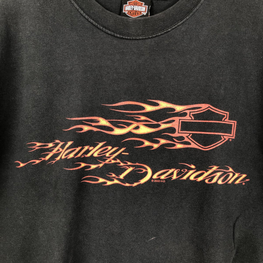 00'S Harley-Davidson Fire Pattern Motorcycle Bike T-Shirt Men's L size cotton black type Vintage Second Hand