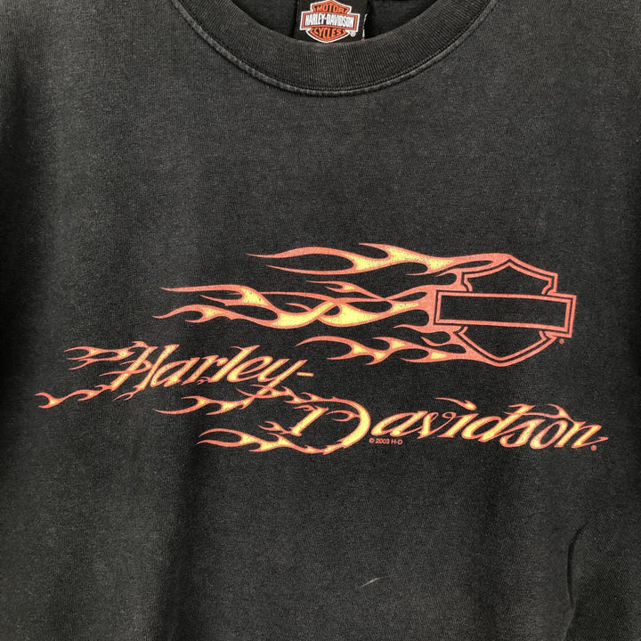 00'S Harley-Davidson Fire Pattern Motorcycle Bike T-Shirt Men's L size cotton black type Vintage Second Hand