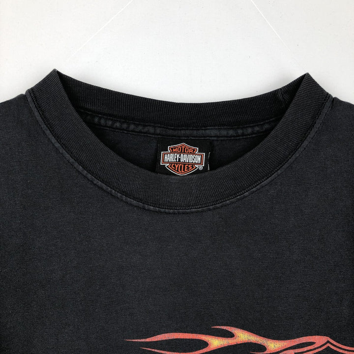00'S Harley-Davidson Fire Pattern Motorcycle Bike T-Shirt Men's L size cotton black type Vintage Second Hand