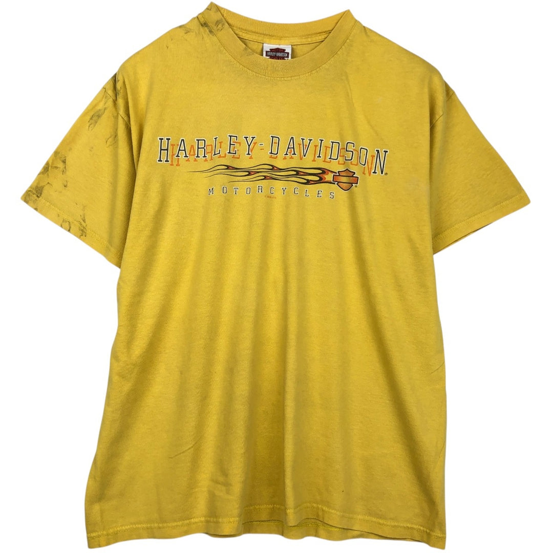 00'S Harley Davidson Eagle Pattern Fire Pattern Motorcycle Bike T-shirt Made in USA Men's L size cotton yellow type Vintage Second Hand