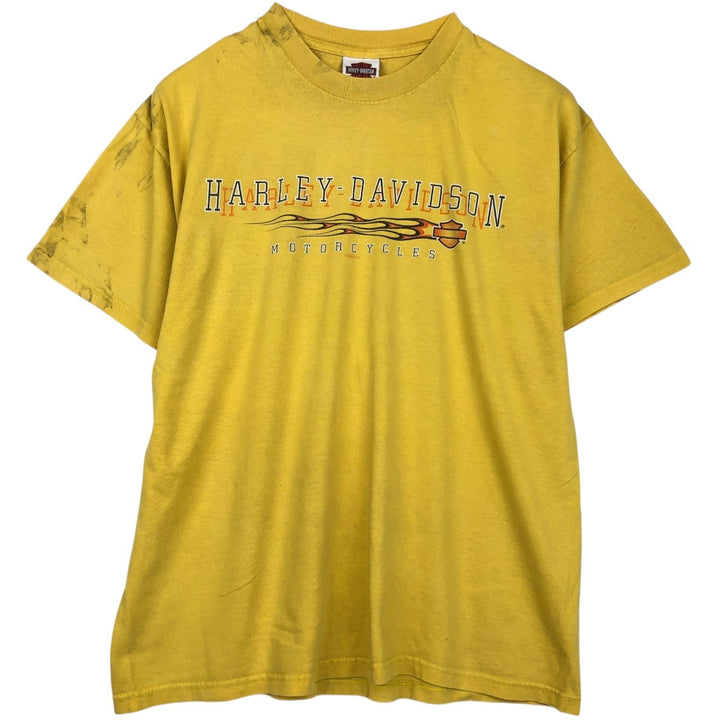00'S Harley Davidson Eagle Pattern Fire Pattern Motorcycle Bike T-shirt Made in USA Men's L size cotton yellow type Vintage Second Hand