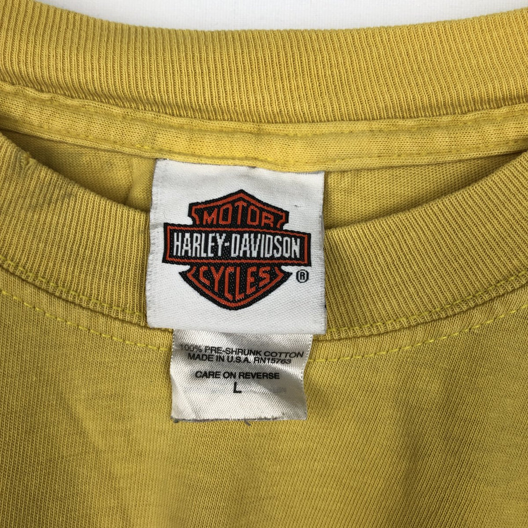 00'S Harley Davidson Eagle Pattern Fire Pattern Motorcycle Bike T-shirt Made in USA Men's L size cotton yellow type Vintage Second Hand