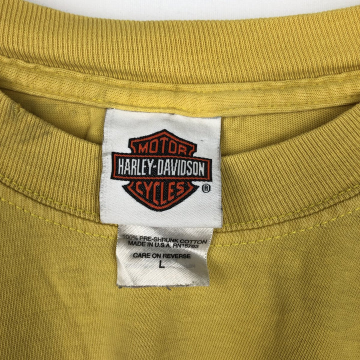 00'S Harley Davidson Eagle Pattern Fire Pattern Motorcycle Bike T-shirt Made in USA Men's L size cotton yellow type Vintage Second Hand