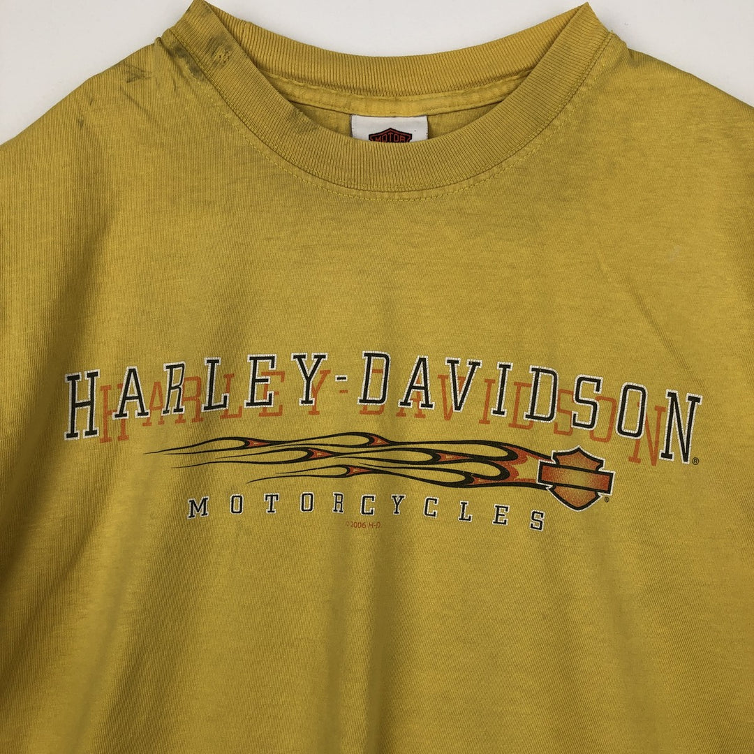 00'S Harley Davidson Eagle Pattern Fire Pattern Motorcycle Bike T-shirt Made in USA Men's L size cotton yellow type Vintage Second Hand