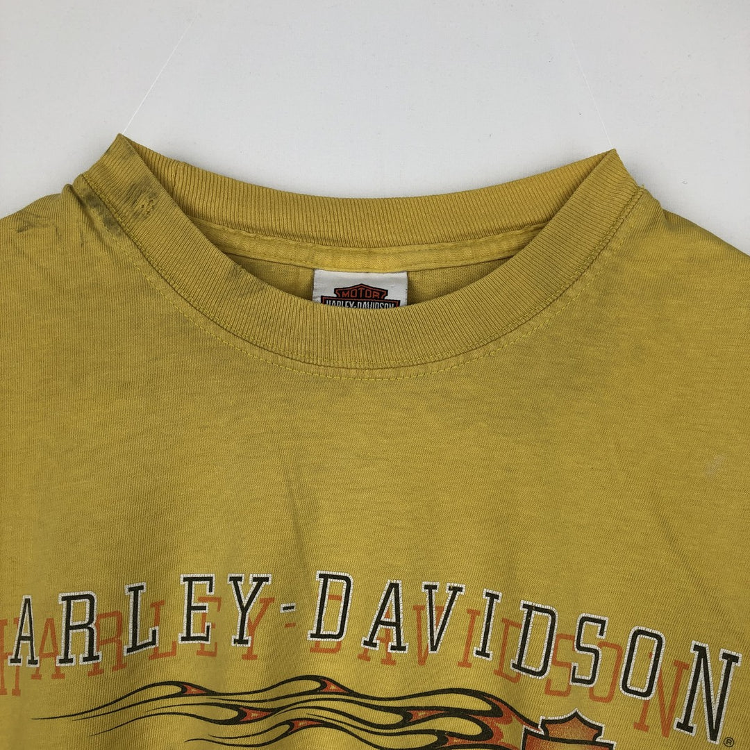 00'S Harley Davidson Eagle Pattern Fire Pattern Motorcycle Bike T-shirt Made in USA Men's L size cotton yellow type Vintage Second Hand