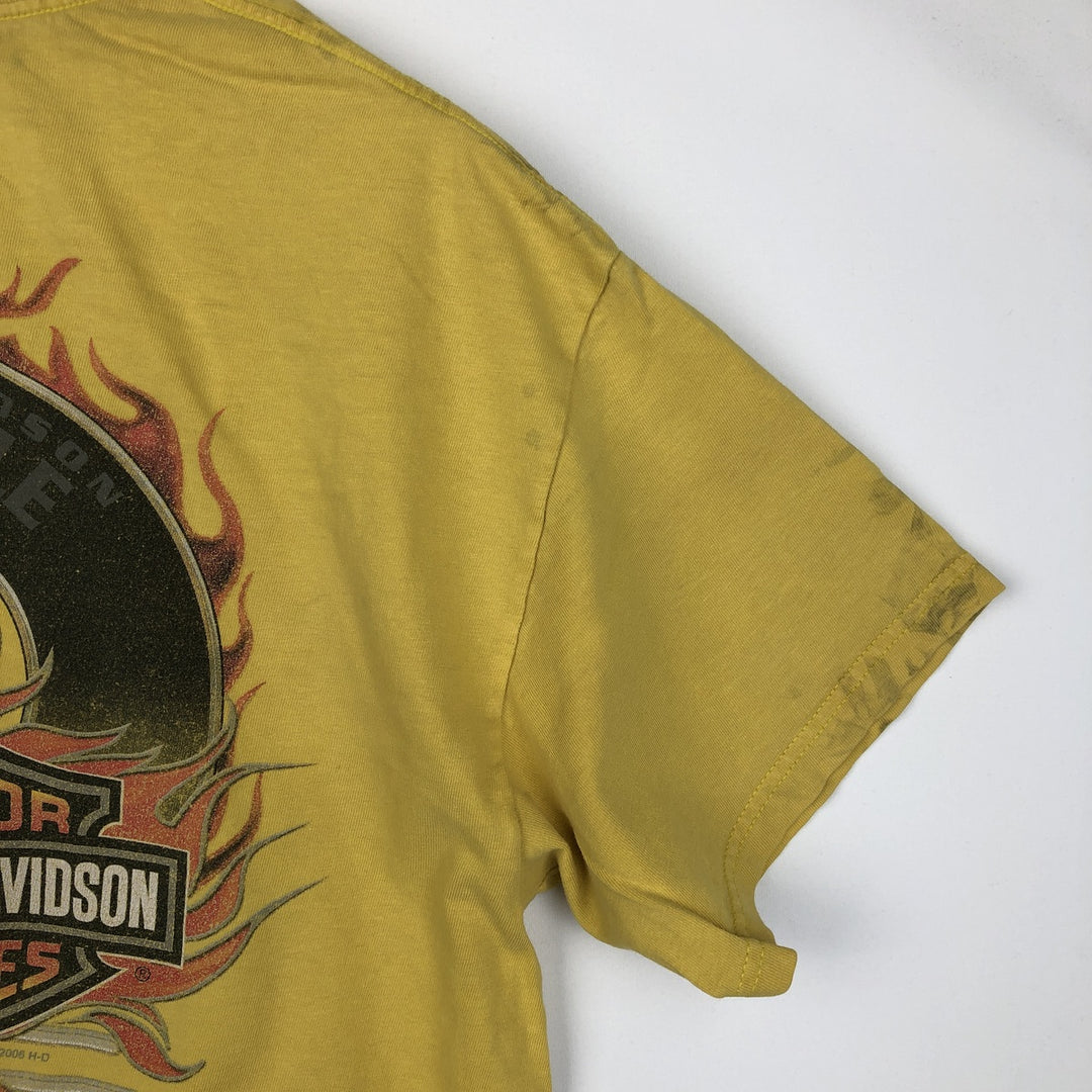 00'S Harley Davidson Eagle Pattern Fire Pattern Motorcycle Bike T-shirt Made in USA Men's L size cotton yellow type Vintage Second Hand