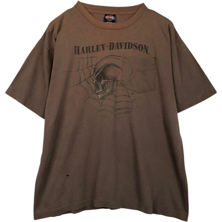 ~90'S Harley-Davidson Skull Pattern Motorcycle T-Shirt, Made in USA, Men's XL (approx.) cotton brown type Vintage Second Hand