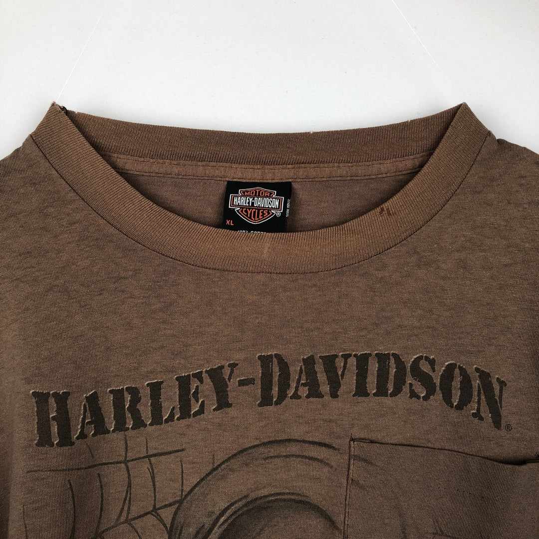 ~90'S Harley-Davidson Skull Pattern Motorcycle T-Shirt, Made in USA, Men's XL (approx.) cotton brown type Vintage Second Hand