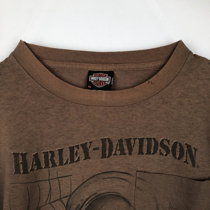 ~90'S Harley-Davidson Skull Pattern Motorcycle T-Shirt, Made in USA, Men's XL (approx.) cotton brown type Vintage Second Hand
