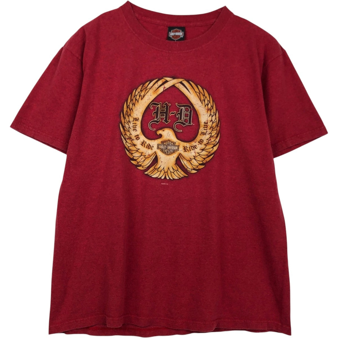00'S Harley Davidson Eagle Pattern Stars and Stripes Motorcycle Bike T-Shirt Made in USA Men's L size Recycled Cotton burgundy type Vintage Second Hand