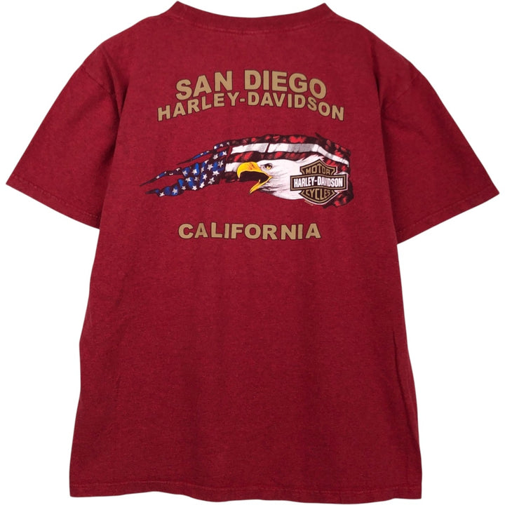 00'S Harley Davidson Eagle Pattern Stars and Stripes Motorcycle Bike T-Shirt Made in USA Men's L size Recycled Cotton burgundy type Vintage Second Hand