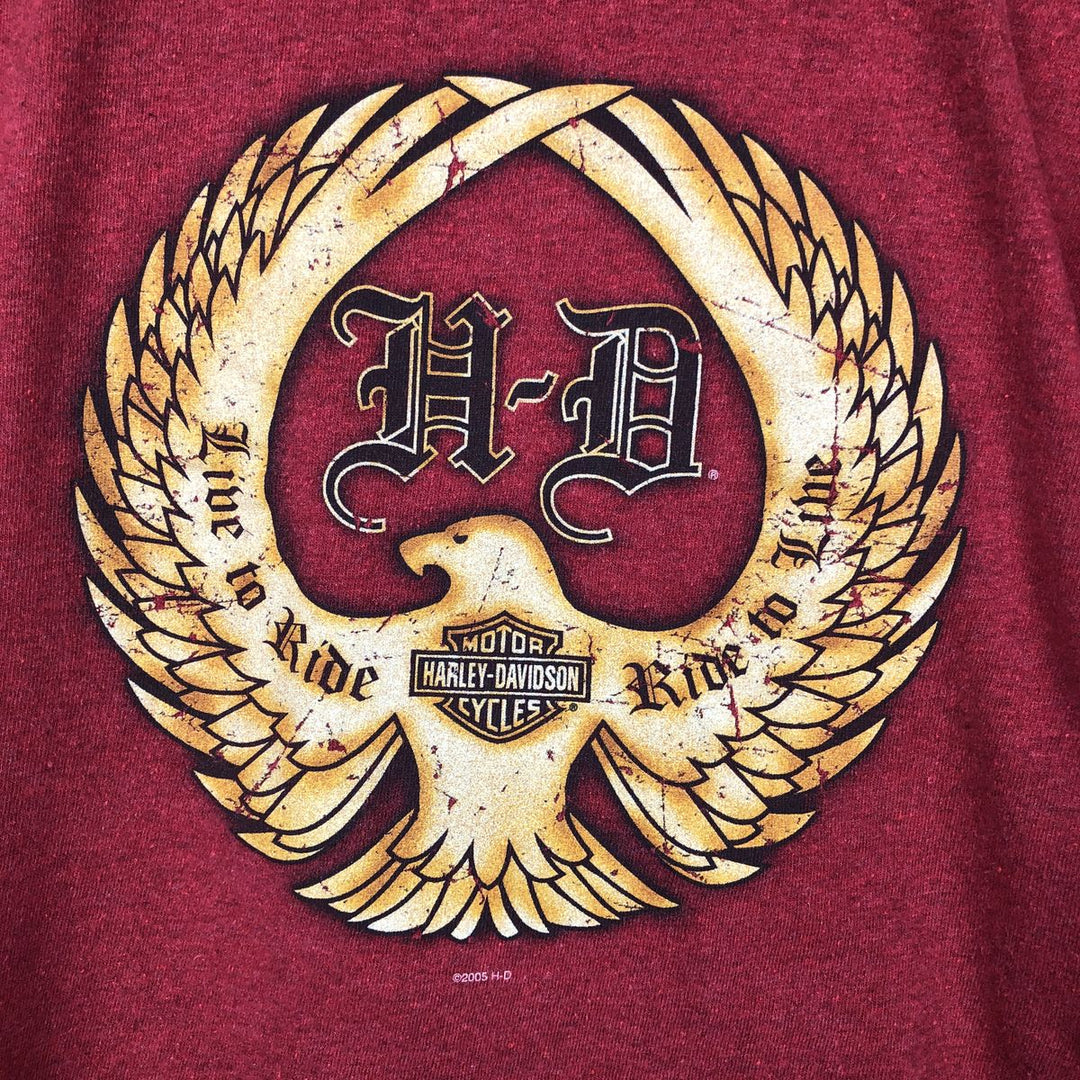 00'S Harley Davidson Eagle Pattern Stars and Stripes Motorcycle Bike T-Shirt Made in USA Men's L size Recycled Cotton burgundy type Vintage Second Hand