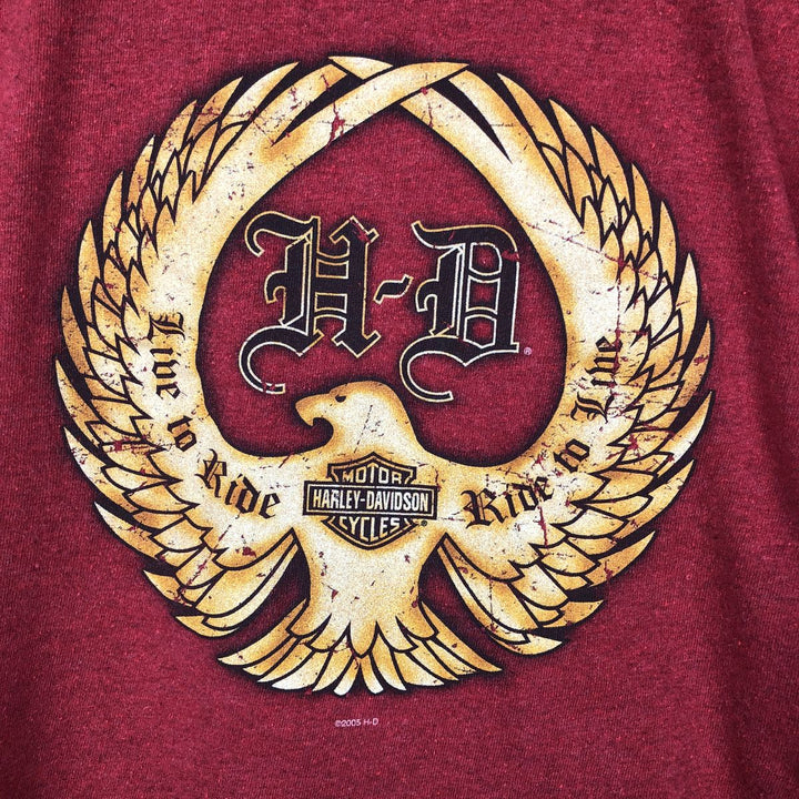 00'S Harley Davidson Eagle Pattern Stars and Stripes Motorcycle Bike T-Shirt Made in USA Men's L size Recycled Cotton burgundy type Vintage Second Hand