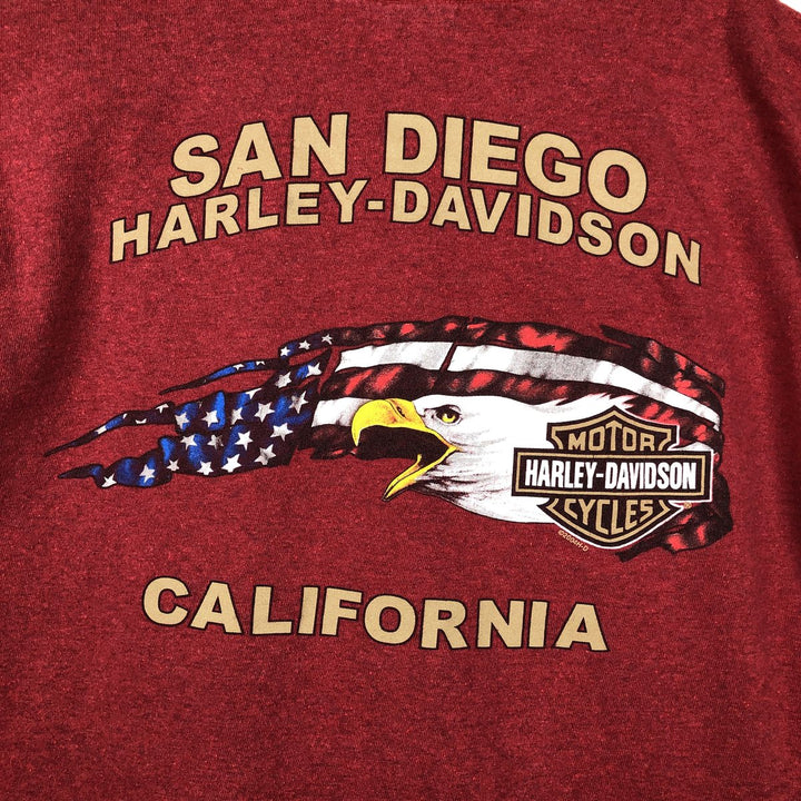 00'S Harley Davidson Eagle Pattern Stars and Stripes Motorcycle Bike T-Shirt Made in USA Men's L size Recycled Cotton burgundy type Vintage Second Hand