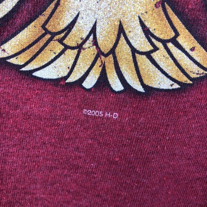 00'S Harley Davidson Eagle Pattern Stars and Stripes Motorcycle Bike T-Shirt Made in USA Men's L size Recycled Cotton burgundy type Vintage Second Hand