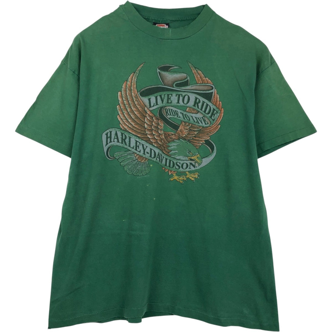 ~90'S Harley-Davidson Eagle Pattern Motorcycle T-Shirt, Made in USA, Men's XL (approx.) cotton green type Vintage Second Hand