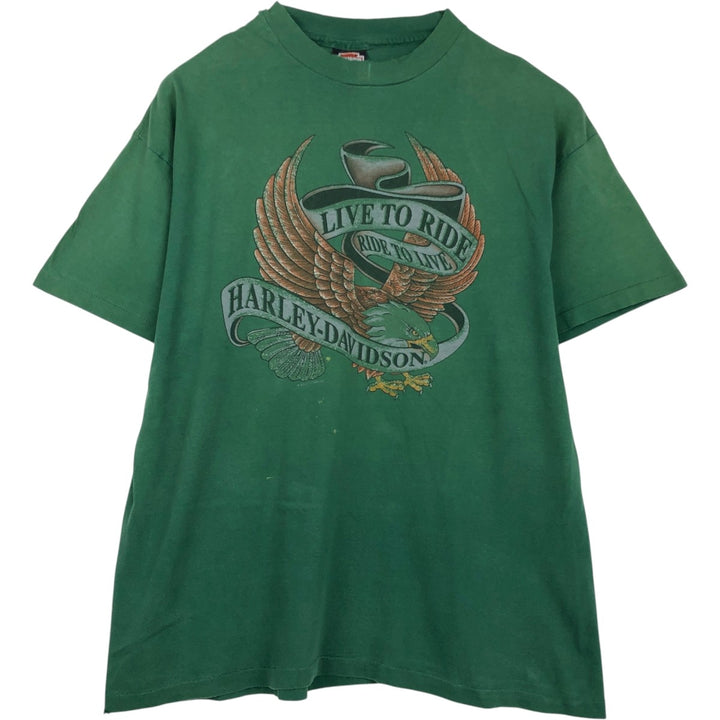 ~90'S Harley-Davidson Eagle Pattern Motorcycle T-Shirt, Made in USA, Men's XL (approx.) cotton green type Vintage Second Hand