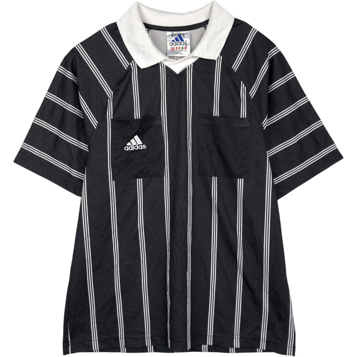 90'S Adidas Stripe Pattern V-Neck Collared Mesh Referee Shirt Soccer Uniform Game Shirt Made in USA polyester black type Vintage Second Hand