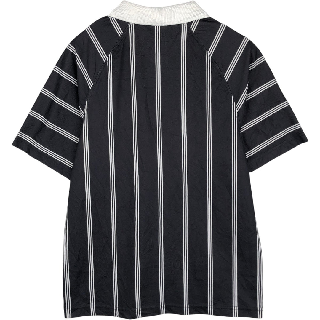 90'S Adidas Stripe Pattern V-Neck Collared Mesh Referee Shirt Soccer Uniform Game Shirt Made in USA polyester black type Vintage Second Hand
