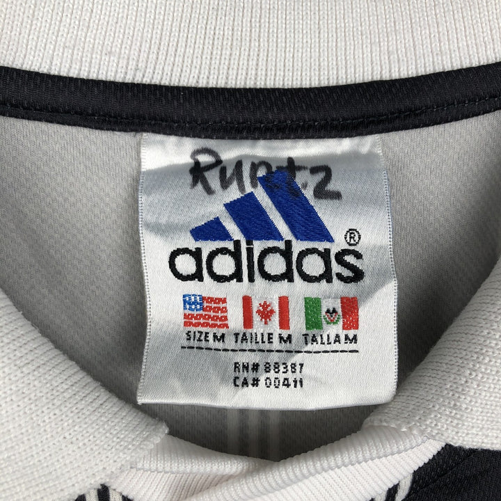 90'S Adidas Stripe Pattern V-Neck Collared Mesh Referee Shirt Soccer Uniform Game Shirt Made in USA polyester black type Vintage Second Hand