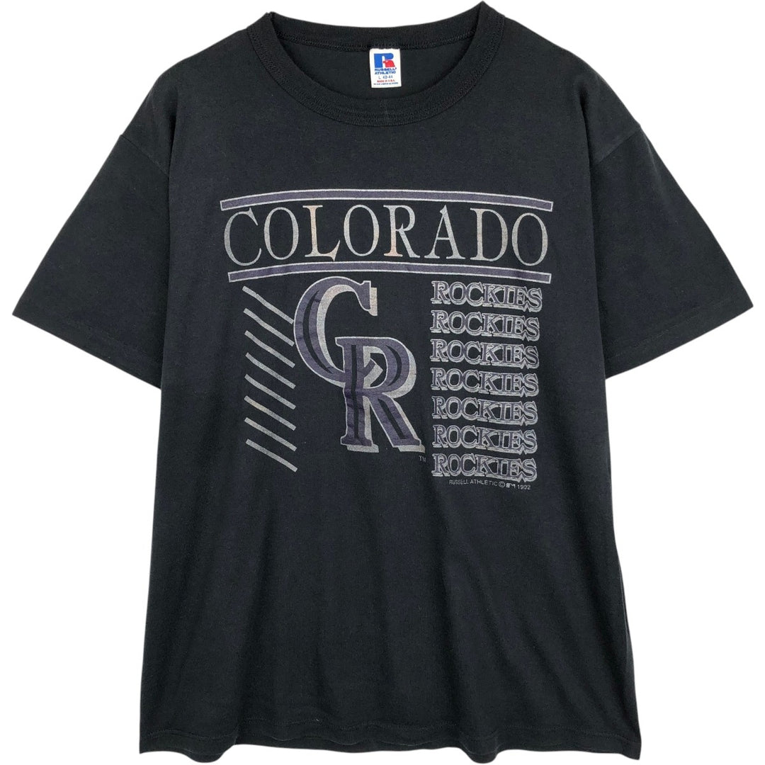 90'S Russell Crowe MLB Colorado Rockies Sports Print T-Shirt, Made in USA, Men's Size L (approx.), Vintage polyester black type Vintage Second Hand
