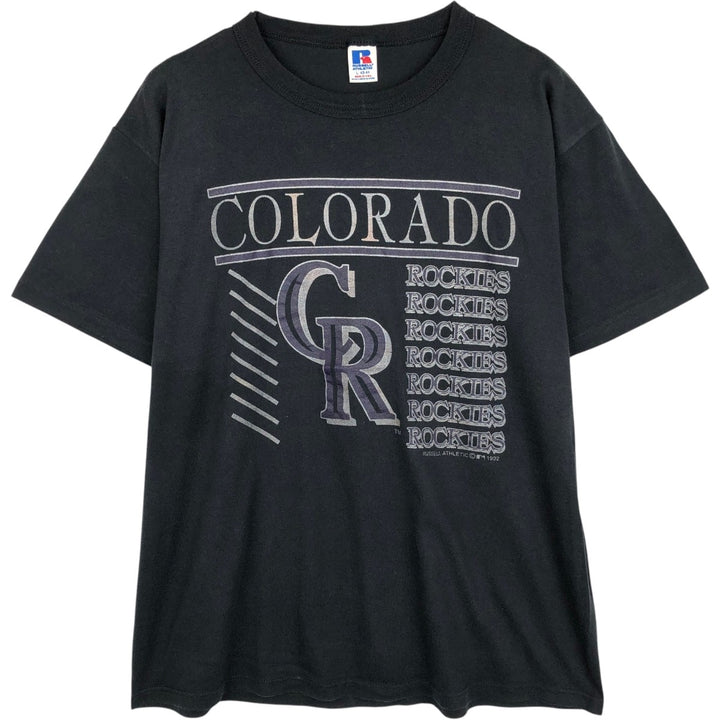 90'S Russell Crowe MLB Colorado Rockies Sports Print T-Shirt, Made in USA, Men's Size L (approx.), Vintage polyester black type Vintage Second Hand