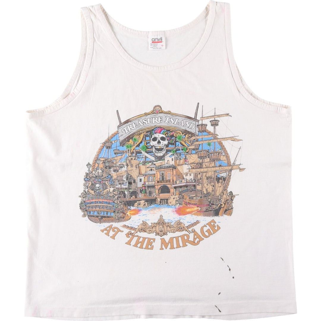 90'S Anvil Treasure Island at The Mirage Skull Pattern Tank Top, Made in USA, Men's Size L (approx.), Vintage cotton pale white type Vintage Second Hand