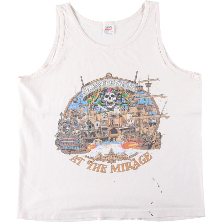 90'S Anvil Treasure Island at The Mirage Skull Pattern Tank Top, Made in USA, Men's Size L (approx.), Vintage cotton pale white type Vintage Second Hand