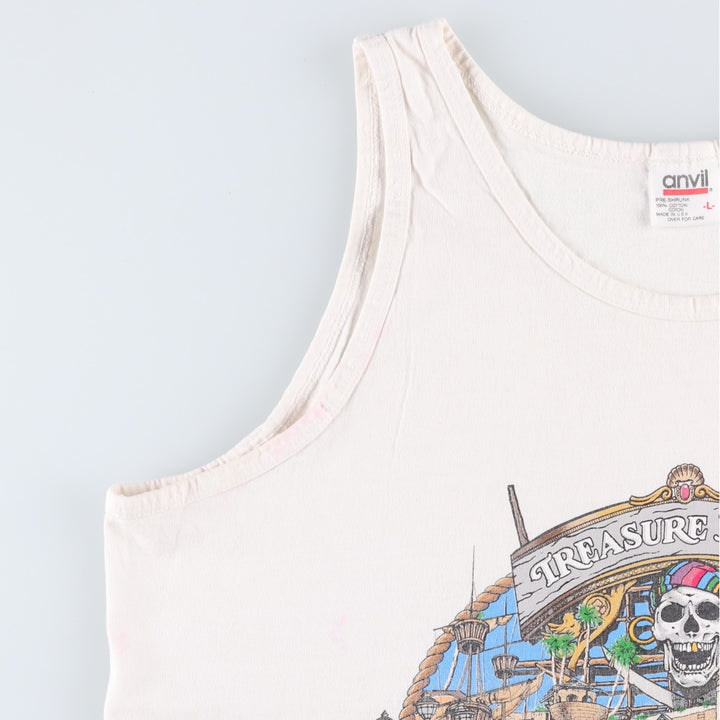 90'S Anvil Treasure Island at The Mirage Skull Pattern Tank Top, Made in USA, Men's Size L (approx.), Vintage cotton pale white type Vintage Second Hand