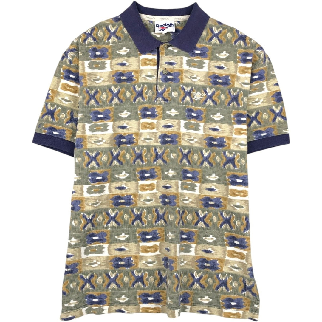 Reebok all-over print short-sleeved polo shirt, men's size XL. cotton Khaki type Vintage Second Hand