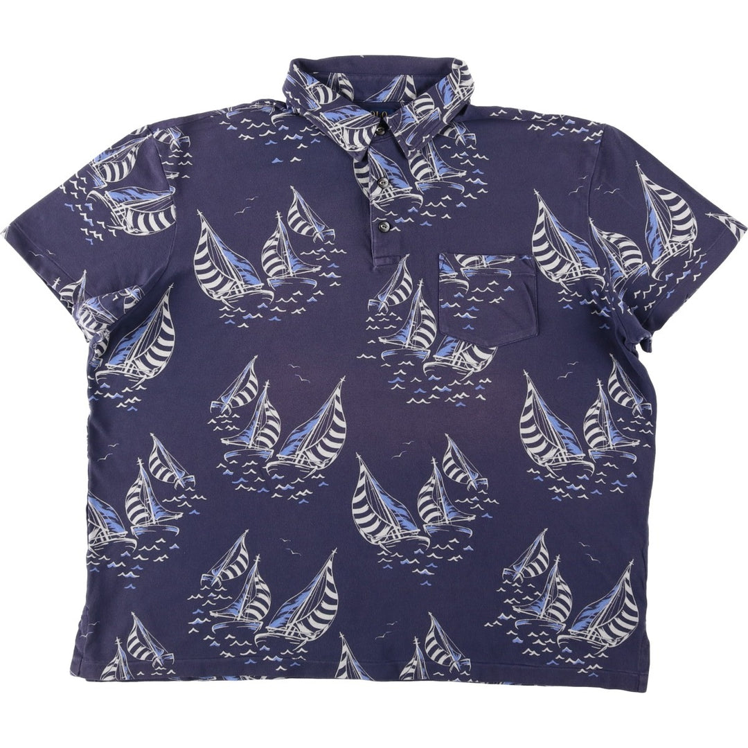 Ralph Lauren POLO RALPH LAUREN all-over print short-sleeved polo shirt, men's size XL (approx.) cotton navy blue type Vintage Second Hand
