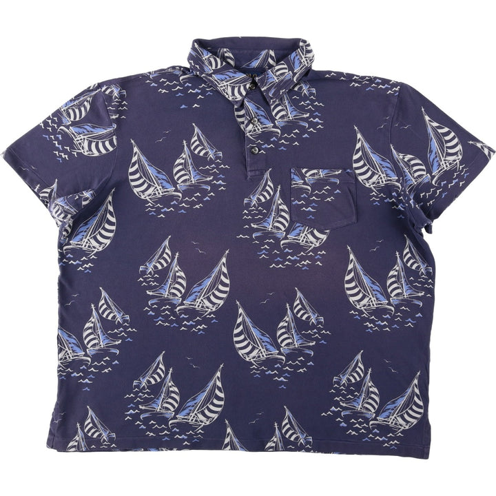 Ralph Lauren POLO RALPH LAUREN all-over print short-sleeved polo shirt, men's size XL (approx.) cotton navy blue type Vintage Second Hand