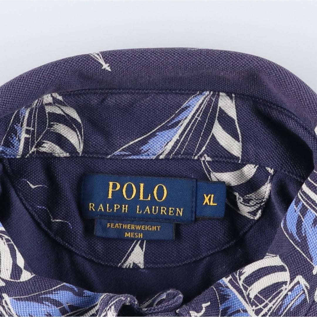 Ralph Lauren POLO RALPH LAUREN all-over print short-sleeved polo shirt, men's size XL (approx.) cotton navy blue type Vintage Second Hand