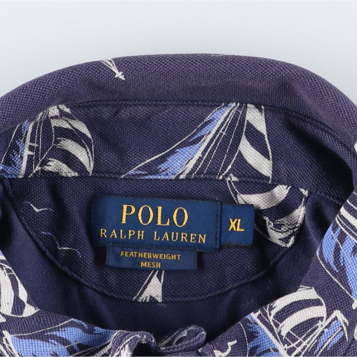 Ralph Lauren POLO RALPH LAUREN all-over print short-sleeved polo shirt, men's size XL (approx.) cotton navy blue type Vintage Second Hand