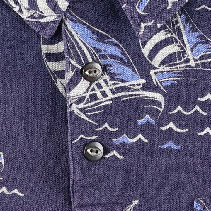 Ralph Lauren POLO RALPH LAUREN all-over print short-sleeved polo shirt, men's size XL (approx.) cotton navy blue type Vintage Second Hand