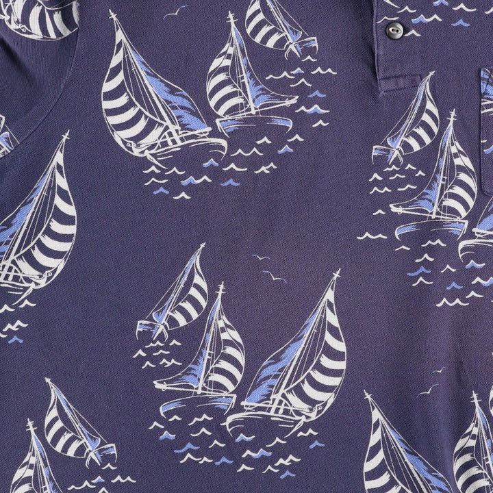 Ralph Lauren POLO RALPH LAUREN all-over print short-sleeved polo shirt, men's size XL (approx.) cotton navy blue type Vintage Second Hand