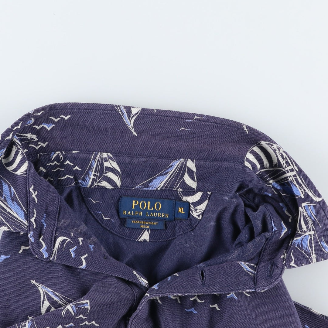 Ralph Lauren POLO RALPH LAUREN all-over print short-sleeved polo shirt, men's size XL (approx.) cotton navy blue type Vintage Second Hand